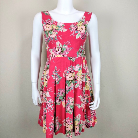 Monteau Dress Red Pink Linen Blend Floral A-Line - Picture 7 of 7